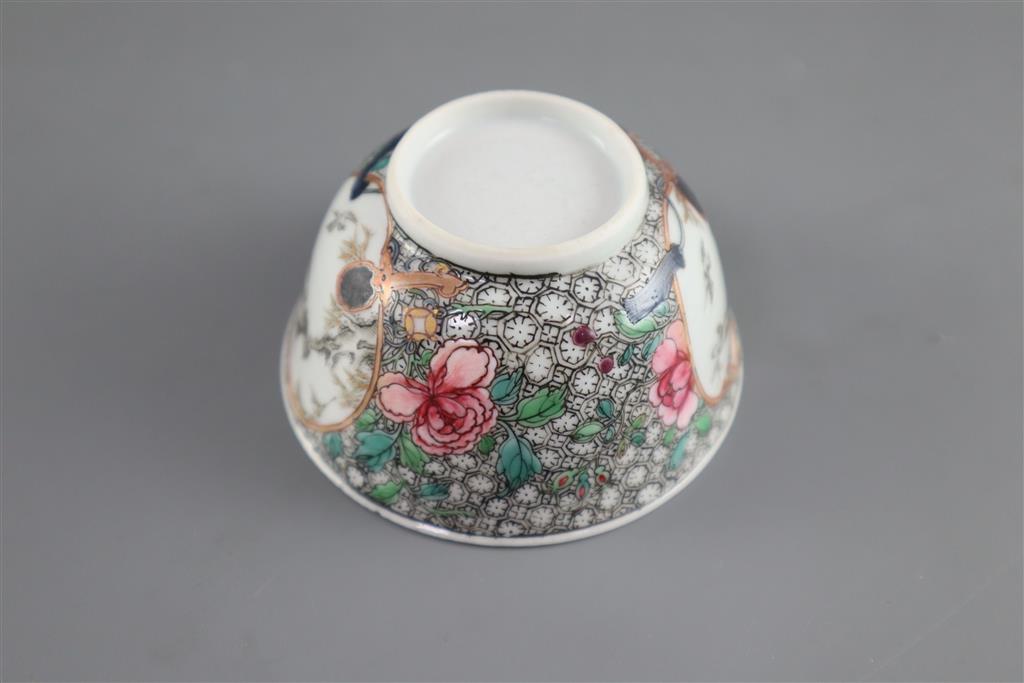 A Chinese famille rose hawk tea bowl and saucer, Yongzheng period, saucer 11.5cm diameter